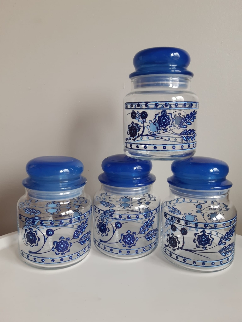 MCM Anchor Hocking Blue Floral Glass Canister Set - 4 Piece, 14 cm tall